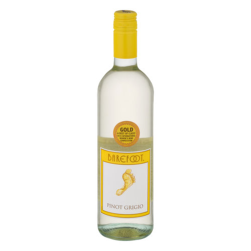 Pinot Grigio American. Barefoot Pinot Grigio is a crisp and refreshing wine with bright aromas and flavors of citrus and fresh green apple. Hints of jasmine complement a bright, delicate, flavorful finish. Get Barefoot and have a great time! barefootwine.com. Gold & best of class! 2016 International Women's Wine Competition. Barefoot's Pinot Grigio Blends have won consistent quality. Proven value. Alc. 12.5% by vol. 25 Vinted and bottled by Barefoot Cellars, Modesto, CA 95354.