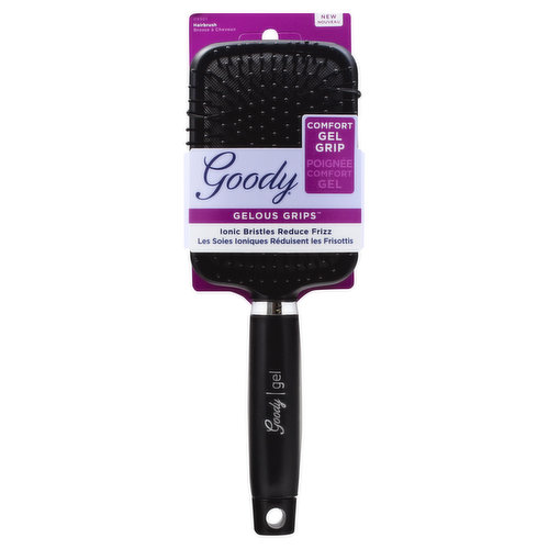 Ionic bristles reduce frizz. Comfort gel grip. New. The perfect brush for daily styling that features a comfort gel handle and ion infused bristles that work with your hair dryer to alleviate annoying static, leaving your hair shiny, glossy and frizz-free. Facebook. Instagram. Look good, (hashtag)FeelGoody (at)goodyhair & goody.com. We would love to hear from you: 1.800.241.4324. Made in China.
