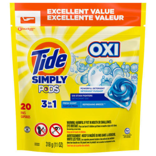 Tide Detergent, Oxi, 3 in 1, Fresh Scent, Pacs