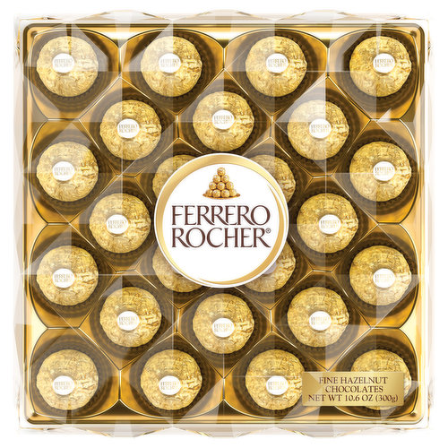 Rocher chocolates are a tempting combination of luscious, creamy, chocolaty filling surrounding a whole hazelnut, within a delicate crisp wafer - all enveloped in milk chocolate and finely chopped hazelnuts.