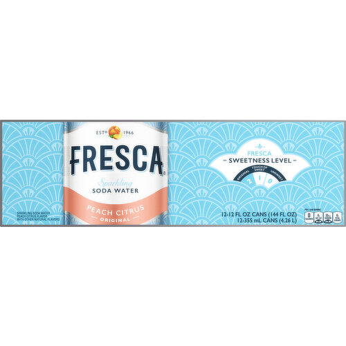 Fresca Soda Water, Peach Citrus, Original, Sparkling, Fridge Pack