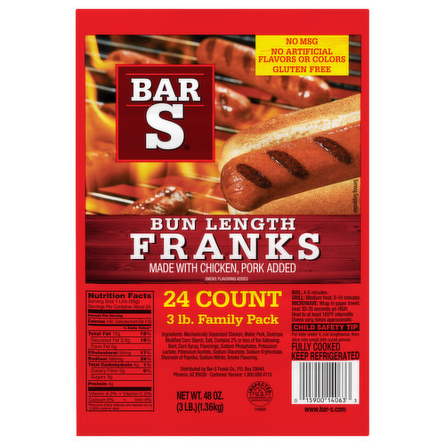 Made with chicken, pork added. No artificial flavors or colors. Gluten free. No msg. Smoke flavoring added. Fully cooked. Inspected for wholesomeness by US Department of Agriculture. www.bar-s.com. Customer Service: 1.800.699.4115. Bar-S Bun Length Franks are made from top-quality, USDA-inspected meats. This frank offers a traditional flavor that is familiar to many. Every frank is made from the same formulation that earned our Bar-S Classic Franks the distinction of being the #1-selling frank in America for over 12 years!*; The three-pound package features 24 bun length classic franks, which is great for larger families, club retailers and the foodservice channel. Each package is vacuum-sealed to preserve flavor and color as well as maximum shelf life for customers and consumers.