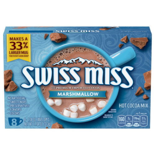 Per 1 Envelope: 160 calories; 2 g sat fat (10% DV); 170 mg sodium (7% DV); 27 g total sugars. Gluten free. 99.9% caffeine free. No Artificial: sweeteners; preservatives; flavors; colors. Makes a 33% larger mug than the next leading brand (When prepared according to package directions; Swiss Miss makes 8 oz mug of cocoa, next leading brand 6 oz). Made with premium imported cocoa. Embrace Every Sip of Swiss Miss: Made with real cocoa and real nonfat milk, our cocoa warms and delights with every mug. Whatever you're warming up to, know that you've got everything you need in the palms of your hands. www.swissmiss.com. how2recycle.info. SmartLabel: Scan for more food information. Questions or comments, visit us at www.swissmiss.com or call Mon.-Fri., 1-800-457-6649. Please have entire package available when you call so we may gather information off the label. USA