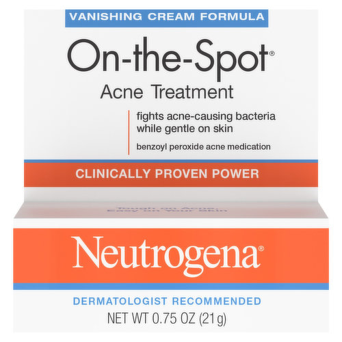 Fight acne without over-drying your face with Neutrogena On-the-Spot Acne Spot Treatment. This medicated acne spot treatment has a vanishing cream formula that is lightweight, absorbs quickly into skin and works invisibly. Neutrogena On-the-Spot Acne Treatment contains just 2.5% benzoyl peroxide, yet is clinically proven to be so effective that skin starts getting clearer on day 1 - all without over-drying, stinging or burning skin. This acne-fighting formula goes deep down into pores, offering long-lasting protection to kill acne bacteria that causes pimples and helping stop new ones from forming. Ideal for acne-prone skincare, this spot treatment cream has clinically proven effectiveness with no burning and won't dry out skin.