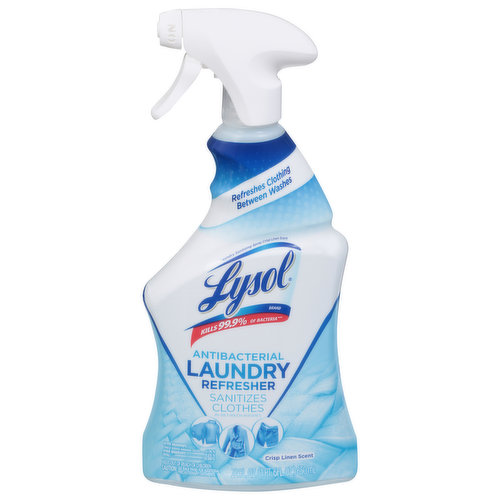 Refreshes clothing between washes. Laundry sanitizing spray crisp linen scent. Kills 99.9% of bacteria (Kills 99.9% of Enterobacter aerogenes and Staphylococcus aureus on soft surfaces and fabrics in 5 minutes). Sanitizes clothes in-between washes. Lysol Antibacterial Laundry Refresher: Eliminates 99.9% of bacteria (Kills 99.9% of Enterobacter aerogenes and Staphylococcus aureus on soft surfaces and fabrics in 5 minutes). Fights tough odors with malodor control technology. De-wrinkles with wrinkle release technology. Leaves a light fresh scent. Contains no phosphates. Health. Hygiene. Home. For use on: sweaters & swetshirts; outerwear; jeans; dresses/skirts.