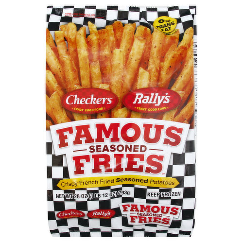 Crispy french fried seasoned potatoes. 0 g trans fat per serving. Crazy good food. History of our Famous Seasoned Fries: Checkers and Rally's Famous Fries boldly launched over 20 years ago when our first Double Drive-thru restaurant opened. They've been crazy popular ever since. To date, we've served over a billion orders of our Famous Fries across the country, in addition to serving our made-to-order, hot-off-the-grill burgers. And now Checkers and Rally's is proud to bring our awesomely tasty fries to your home. So you can crave them and enjoy them whenever you want. Eat 'em up with any meal or just snack on em. Once you taste the fame, you won't be able to stop. Thank you for eating famously. We hope you enjoy, and look forward to seeing you at one of our nearly 800 locations across the country. To fall in love with our full menu, or to gather franchising information, please visit www.checkers.com. Have a question or comment? Call us at 1-866-518-0137. Please have entire package available when you call. Product of USA.
