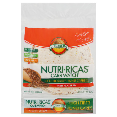 Great taste! Guerrero wants to help you enjoy the good life while making better choices for you and your family. These tortillas are: only 4 g net carbs, high in fiber, with nutritious flaxseed. The best part? It gives you delicious, authentic taste that brings A Little Piece of Mexico to your table.