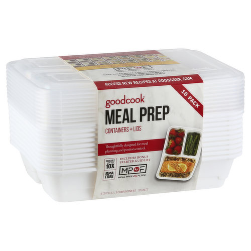 4 cup (1 l): 3 compartment: 10 units. Thoughtfully designed for meal planning and portion control. Includes bonus meal prep starter guide by MPOF: Meal Prep on Fleek. Reusable up to 10x. Secure snap-on lids. Live Well, Prep Healthy: GoodCook and Meal Prep on Fleek give you the tools & resources to plan healthy, time-saving meals that are easy to make and convenient to store. Make-ahead meals. Batch cooking/freezing. Individually portioned meals. Ready-to-cook ingredients. BPA free. 100% satisfaction guarantee. Access new recipes at goodcook.com. Made in China.