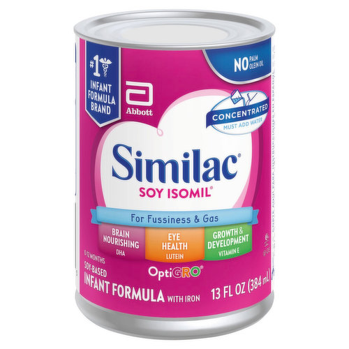 No. 1 brand fed in hospitals. No palm olein oil. Concentrated - Must add water. For fussiness & gas. Brain nourishing - DHA. Eye heath - lutein. Growth & development - vitamin E. Breast milk is recommended. If you choose to use infant formula, the makers of Similac have a formula that's right for your baby.