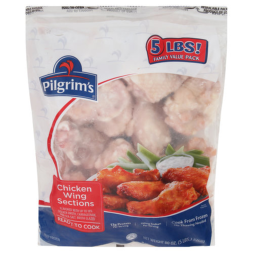 13 g protein per serving. 150 mg sodium per serving. Ready to cook. 5 lbs!. Family value pack. All about great taste. You can count on Pilgrim's to bring you high quality poultry products. Pilgrim's Individually Frozen Chicken is specially selected and individually frozen to preserve freshness and taste. We coat each piece with a thin chicken broth glaze to protect it from freezer burn and ensure tenderness and juiciness. With our resealable bag, you can store what you don't use. Plus you can cook directly from frozen - no need to thaw out the chicken in advance. Enjoy a tender, tasty and convenient meal tonight!. U.S. Inspected for wholesomeness by Department of Agriculture. www.pilgrims.com. Contact US. If you have questions or comments redacting this product, send this product or puce arm code, greets name except and praxes until lading with your name adores and question or comment to: pilgrim’s pride consumer relations with premonitory circle Greer CD Borea. 1-800-521-1470. www.pilgrims.com. All about great taste - delicious dinner is served!. Enjoy Pilgrim’s chicken in many ways. Check out the innovative recipe section at pilgrims.com for chef-inspired recipes and serving suggestions. Expand your menu of tasty meals with pilgrim’s chicken products. Find out more at. Pilgrims.com. Resealable package. Product of USA. Hatched raised and harvested in the USA.