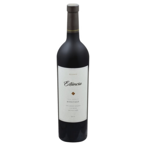 69% cabernet sauvignon. 21% merlot. 10% petit verdot. Reserve. As one of the founders of the Meritage Alliance in 1988, Estancia remains devoted to making world-class Bordeaux style blends. Our 2013 Meritage expresses the true terroir of Paso Robles. Ripe cherry and chocolate aromas from cabernet sauvignon, plum and a hint of green peppercorn from merlot, and firm structured tannins from petit verdot all come together to create a classic blend. - Clay Brock, Winemaker. Learn more about Estancia Winery at: www.estanciawinery.com. Alc. 14.5% by vol.