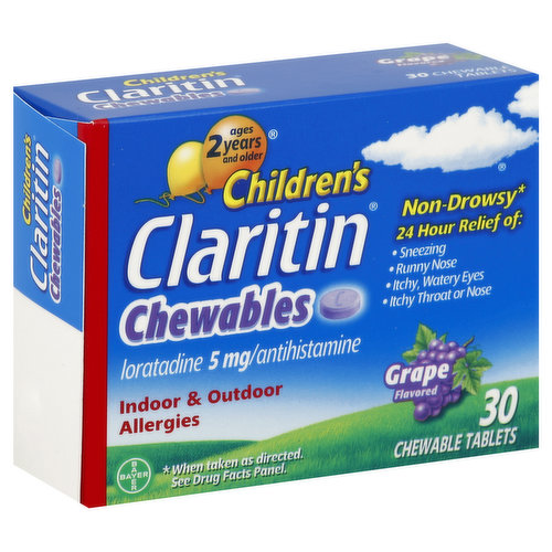 Other Information: Phenylketonurics: contains phenylalanine 1.4 mg per tablet. Safety Sealed: Do not use if the individual blister unit imprinted with Children's Claritin is open or torn. Store between 68 degrees to 77 degrees F (20 degrees to 25 degrees C).  Misc: Loratadine 5 mg/antihistamine. Non-drowsy (when taken as directed. See drug facts panel). 24 Hour Relief of: sneezing; runny nose; itchy, watery eyes; itchy throat or nose. Questions or comments? 1-800-252-7484 or www.claritin.com. Product of Ireland.