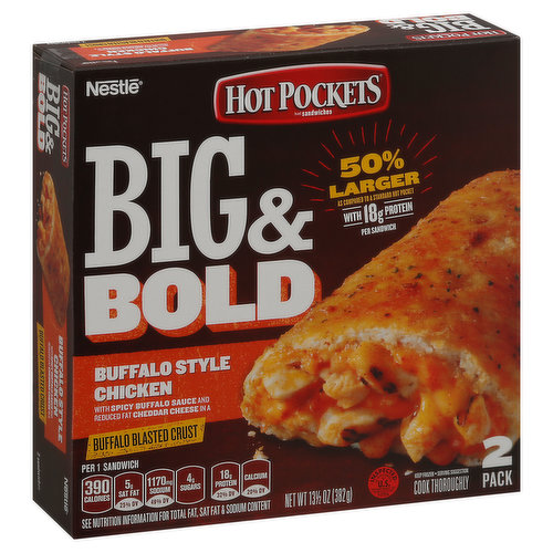 Hot Pockets Sandwiches, Buffalo Style Chicken, Big & Bold, 2 Pack
