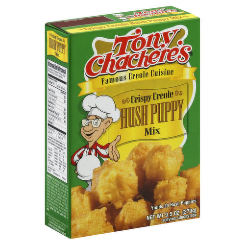 Famous Creole cuisine. Yields 24 hush puppies. First inductee, Louisiana Chef's Hall of Fame. South Louisiana cooking legend Tony Chachere makes it easy to enjoy authentic Creole dinners at home. We guarantee the entire family will enjoy this delicious mouthwatering meal. Tony Chachere's makes everything taste great!