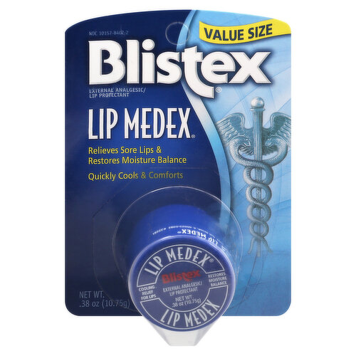 Relieves sore lips & restores moisture balance. Quickly cools & comforts. Cooling relief for lips. Restores moisture balance. Blistex Lip Medex has an Ultra-Med formula to provide quick cooling lip relief you can feel working. Lip Medex also helps to restore a healthy moisture balance to lips. Sore Lips: Lip Medex's medicated ingredients deliver a noticeable and immediate cooling action to provide fast relief from the hot, itching sensations that accompany sore lips. Serious Dryness: Lip Medex provides a special barrier that helps lip cells return to their natural moisture balance.