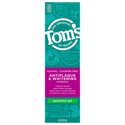 Tom's of Maine Toothpaste, Antiplaque & Whitening, Spearmint Gel