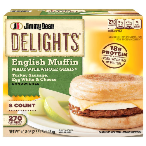 Give more power to your mornings with Jimmy Dean Delights Frozen English Muffin Sandwiches. Savory turkey sausage, fluffy egg whites, and real cheese come together on a toasty English muffin made with whole grains for a delicious, portable breakfast at home or on-the-go. With 17 grams of protein and just 260 calories per serving, our Turkey Sausage, Egg White and Cheese English Muffin Sandwiches are the perfect protein-packed option to lighten up your breakfast routine. Jimmy Dean once said, "Sausage is a great deal like life. You get out of it what you put in." Which pretty much sums up his magic formula for having a great day. Today, Jimmy Dean Brand brings you many ways to add some sunshine to your morning. Because today's your day to shine on.