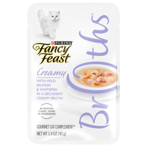 Pour a dish of Purina Fancy Feast Broths With Wild Salmon and Whitefish gourmet wet cat food complement for your cat, and watch her delight in real, recognizable ingredients that provide a little extra nutrition alongside her well-balanced diet. The hand-selected ingredients in our premium cat food mixer offer high-quality protein with no added fillers, by-products, or artificial flavors, colors or preservatives, so you know you're giving her gourmet flavor along with good food. The decadent and creamy, limited ingredient cat food broth is utterly lickable, letting her give in to the delicious taste cats love. Each time you open this pouch cat food topper, she's sure to come running for the flavors of Purina Fancy Feast seafood and the texture of real ingredients, and you can delight in giving her a little bit of something extra special that keeps her care in mind. Feed her Purina Fancy Feast Broths Creamy With Wild Salmon and Whitefish gourmet adult cat food complement, and make her daily Fancy Feast kitty food meal even more delectable.