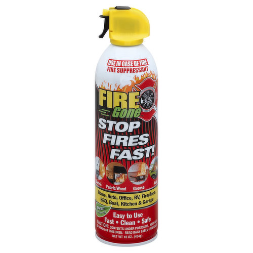 Stop fires fast! Electric. Fabric/wood. Grease. Auto. Home, auto, office, RV, fireplace, BBQ, boat, kitchen & garage. Green eco-friendly. Easy to use. Fast. Clean. Safe. Kitchen/home/office. Camping/outdoors. Garage/workshop. Boating/marine. BBQ/grilling. Auto/truck/RV. Fireplaces/candles. Meets or exceeds DOT-2Q requirements. Pressured with non-flammable propellant. Contains no CFCs which delete the ozone layer. max-professional.com. Please recycle. Made in USA.