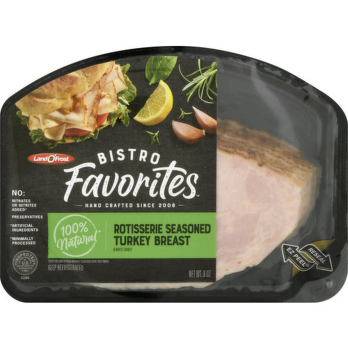 Land O'Frost Turkey breast hand rubbed with classic rotisserie seasoning and roasted.