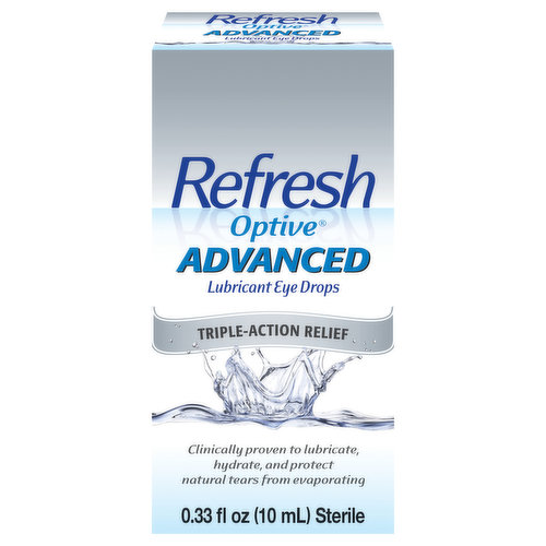 REFRESH OPTIVE ADVANCED Lubricant Eye Drop is a triple-action formula that lubricates and hydrates dry, burning, irritated eyes, and helps prevent tears from evaporating. It also features HydroCell™ technology which enables hydration and maintains the volume of cells on the eye's surface. The result? Triple-action relief for eye dryness and discomfort. TRUST YOUR EYES TO REFRESH—#1 doctor recommended with over 30 years of experience.* (*REFRESH Family of Products, Ipsos Healthcare, 2021 REFRESH ECP Recommendation Survey.)