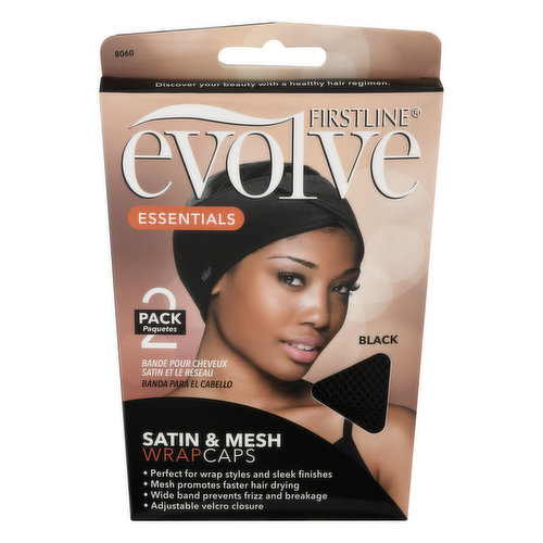 Wrap Caps, Satin & Mesh, Black, Essentials, 2 Pack