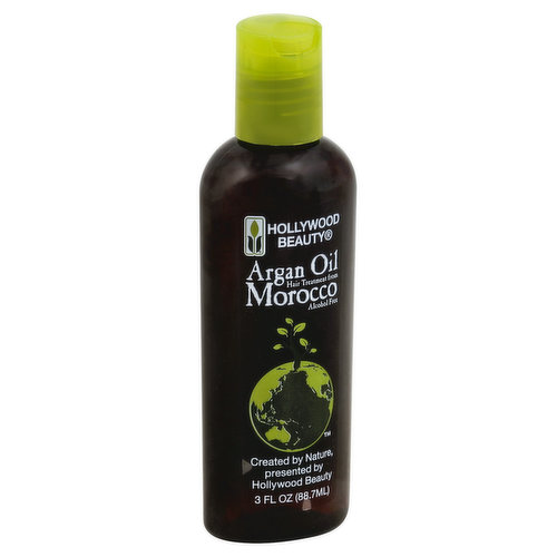 Argan oil hair treatment from Morocco. Alcohol free. Created by nature, presented by Hollywood beauty. Alcohol-free formula. Helps stop breakage and repairs split ends. Provides intense conditioning. Absorbs instantly. Leaves no greasy residue. www.hollywoodbeautyproducts.com.
