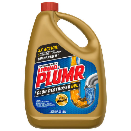 3x action! Destroys clogs. Protects. Prevents (with regular monthly use) guaranteed (based on full hair clogs in lab tests)! Pipeguard. Destroys, protects and prevents (with regular monthly use) clogs. Removes hair, soap scum and grease. Safe for all pipes! garbage disposal (for garbage disposals follow same usage directions and flush with disposal running. Avoid all splashing) plastic-mental. Septic systems. Older pipes! Contains no phosphorus.
