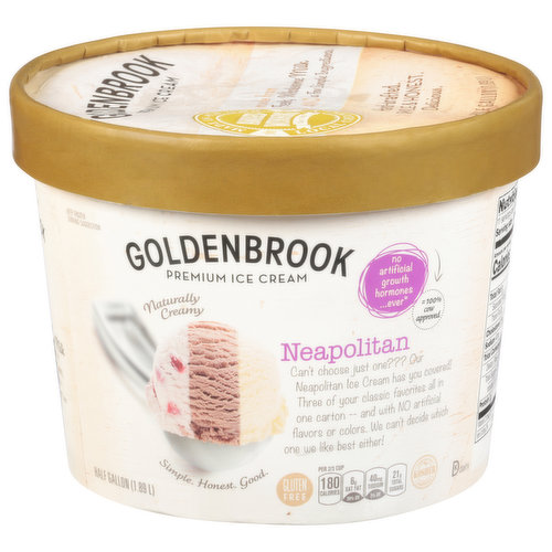 Natural creamy. Simple. Honest. Good. No artificial growth hormones ever (No artificial growth hormones used in our milk and cream. According to the FDA, no significant difference has been shown between dairy derived from rBST-treated and non-rBST-treated cows) = 100% cow approved. Can’t choose just one? Our Neapolitan Ice Cream has you covered! Three of your classic favorites all in one carton -- and with no artificial flavors or colors. We can't decide which one we like best either! Hand-crafted. Simple & honest. Delicious. Sometimes less is more and that’s why our Goldenbrook Premium Ice Cream starts with fresh, wholesome milk and a few simple ingredients for the perfect balance of flavors, crafted only in small batches to bring you honest, indulgent flavor you can feel good about. Go ahead, dig in - it's that good. Processed at plant stamped on container.