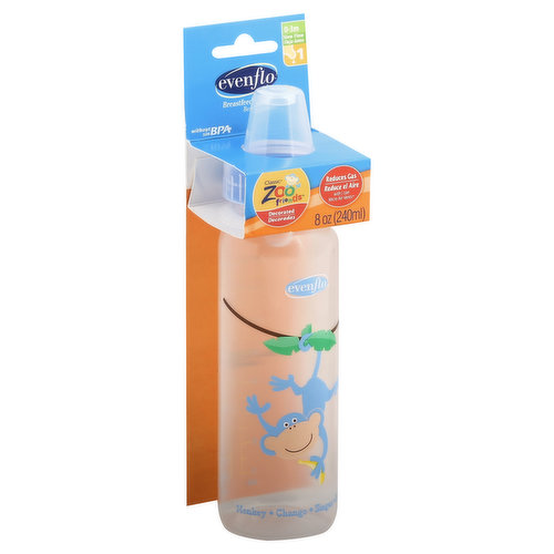 Without BPA. Reduces gas. With micro air vents. Breastfeeding best for baby. CustomFlow nipple adjusts to baby's pressure. Micro Air Vents keep air out of baby's tummy. ParentLink: Answers. Advice. Affirmation. www.evenflo.com. Made in Mexico.