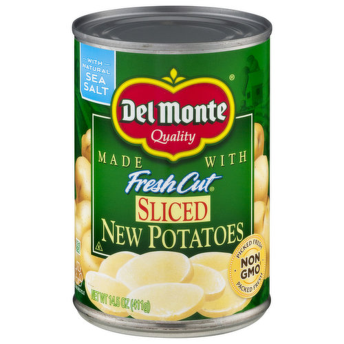 Non GMO (Ingredients of the types used in this product are not genetically modified). With natural sea salt. Quality. Made with new potatoes. Picked fresh. Packed fresh. Del monte sliced new potatoes meet the highest standard in freshness and flavor because they are packed from potatoes. Picked fresh. Packed fresh. Unsurpassed quality you can taste in every bite. That's the Del Monte guarantee! www.delmonte.com. Questions or Comments? Call 1-800-543-3090 (Mon - Fri). Please provide code information from the end of can when calling or writing. Visit us at: www.delmonte.com. Please Recycle. Product of USA.
