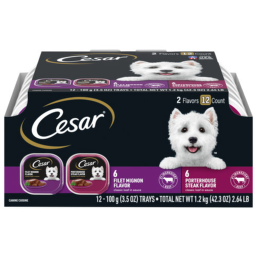 Calorie Content (Calculated): 900 kcal ME/kg, 90 kcal ME/tray. Cesar Canine Cuisine is formulated to meet the nutritional levels established by the AAFCO Dog Food Nutrient Profiles for Maintenance. Calorie Content (Calculated): 902 kcal ME/kg, 90 kcal ME/tray. Cesar Canine Cuisine is formulated to meet the nutritional levels established by the AAFCO Dog Food Nutrient Profiles for Maintenance.