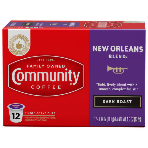 Bold, lively blend with a smooth, complex finish. Making a difference cup by cup. Est. 1919. Family owned. Compatible with single-serve brewing systems, including Keurig K-Cup brewers. Experience the lively and bold flavors of New Orleans. This blend is slowly roasted to create a complex taste profile that balances bright flavor notes while keeping a heavy, bold body. Just like the city itself, this blend is rich and complex with a smooth finish. Our Story: Over 100 years ago my great-grandfather, Cap Saurage, created the very first batch of our signature coffee. He blended and served a cup so delicious that it became a local favorite. Out of appreciation for his community of friends and customers, Cap named it Community Coffee. Four generations later, we are dedicated to creating a variety of distinctive, full-flavored coffees. We blend and roast each coffee to reach its full potential, giving you a rich, smooth coffee experience every time. - Matt Saurage, 4th Generation Owner. We believe it is important to do more than make great coffee. By supporting and giving back to local communities, every cup makes a difference to the people and places that make us Community Coffee. www.CommunityCoffee.com. Find us on Facebook.com/CommunityCoffee. Facebook. Instagram. Twitter. Discover more varieties at ComminityCoffee.com. To learn more, visit CommunityCoffee.com/Giving-Back. For more information about Community products contact: Community Coffee Company 1-800-884-5282. Community Coffee: Cash for schools - 1 point. CommunityCoffee.com/CashforSchools. This carton is made with recycled material. Please recycle. Our Story
Over 100 years ago my great-grandfather, "Cap" Saurage, created the very first batch of our signature coffee. He blended and served a cup so delicious that it became a local favorite. Out of appreciation for his community of friends and customers, Cap named it "Community Coffee." Four generations later, we are dedicated to creating a variety of distinctive, full-flavored coffees. We blend and roast each coffee to reach its full potential, giving you a rich, smooth coffee experience every time.
Matt Saurage
4th Generation Owner; Making a Difference Cup by Cup
We believe it is important to do more than make great coffee. By supporting and giving back to local communities, every cup makes a difference to the people and places that make us Community Coffee.; Experience the lively and bold flavors of New Orleans. This blend is slowly roasted to create a complex taste profile that balances bright flavor notes while keeping a heavy, bold body. Just like the city itself, this blend is rich and complex with a smooth finish.