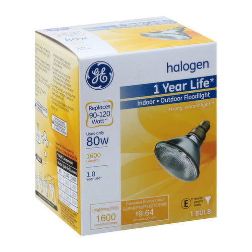 Light Bulb, Halogen, Indoor/Outdoor Floodlight, 80 Watts