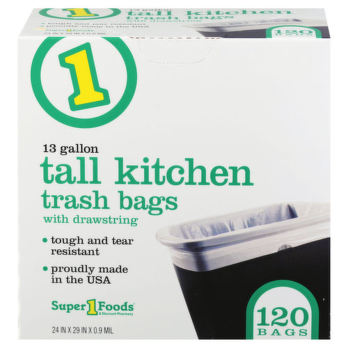 Basics Tall Kitchen Drawstring Trash Bags, 13 Gallon, 120