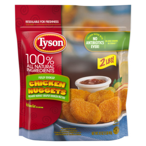 Made with chicken raised with no antibiotics ever, Tyson® Fully Cooked Chicken Nuggets are a delicious addition to any meal. Our chicken nuggets are made with no preservatives, then breaded and seasoned to perfection. With 0 grams of trans fat and 14 grams of protein per serving, these chicken nuggets are sure to be a hit with the entire family. Fully cooked and ready-to-eat, simply prepare in an oven or microwave and serve with ketchup for a protein-packed lunch. Includes one 32 oz. package. Everything seems to turn out a whole lot better when you just keep it simple. No nonsense. Just stick to the good stuff. The 100% real stuff that makes life, and chicken, great. With farm raised chicken of the highest quality, with no antibiotics ever, we keep it real in everything we do. Keep it real. Keep it Tyson. *Minimally processed, no artificial ingredients.