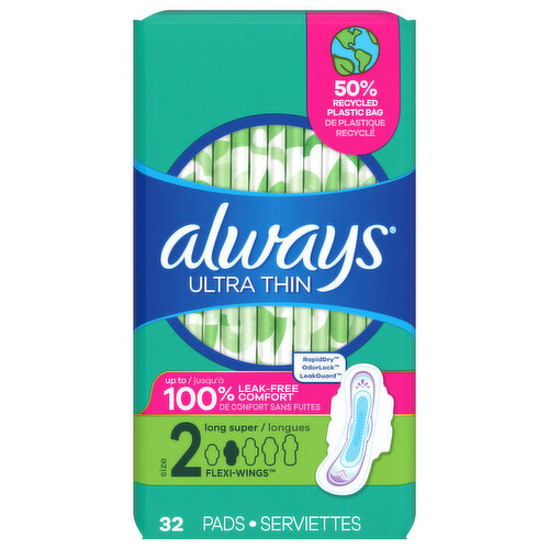 Always Pads, Ultra Thin, Flexi-Wings, Long Super, Size 2