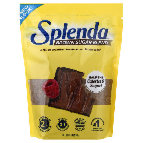 A mix of splenda sweetener and brown sugar. Gluten free. Halal. New look! A mix of Splenda Sweetener and Brown Sugar. Half the calories & sugar! Sweetens like 2 lbs of brown sugar. Use half 2:1 the brown sugar. No. 1 recommended brand by doctors and dietitians (Among healthcare professionals clinically treating patients). Contains sugar. splenda.com. Follow us on social media. Facebook: facebook.com/splenda. Instagram: (at)splenda. Twitter: (at)splenda. To find this recipe and hundred more, visit splenda. com today! For delicious recipes and baking tips, visit us at splenda. com or call 1-800-777-5363. Resealable. Proudly made in the USA!