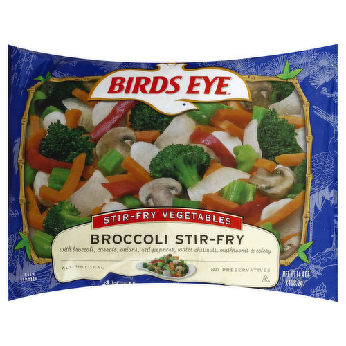 With broccoli, carrots, onions, red peppers, water chestnuts, mushroom & celery. All natural. No preservatives. MyPyramid.gov. Steps to a healthier you. Vegetables play a key role in any diet. Visit MyPyramid.gov for recommended daily amounts. Visit our website at www.birdseye.com for recipes ideas, vegetables facts and to subscribe to our free eNewsletter. We'd love to hear from you! Questions or comments? 800-563-1786. M-F 9:00 am - 5:00 pm. birdseye.com. Visit us on Facebook at facebook.com/birdseyevegetables.