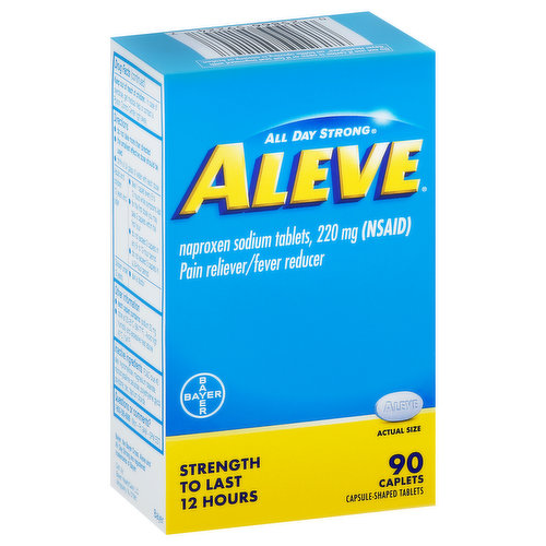 Other Information: each caplet contains: sodium 20 mg. store at 20-25 degrees C (68-77 degrees F). Avoid high humidity and excessive heat above 40 degrees C (104 degrees F). Naproxen sodium tablets, 220 mg (NSAID). Capsule-shaped tablets. Strength to last 12 hours. All day strong. Questions or comments? 1-800-395-0689 (Mon-Fri 9AM - 5PM EST).