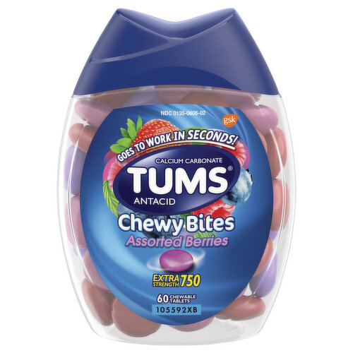 Tums Antacid, Chewy Bites, Extra Strength, 750 mg, Chewable Tablets, Assorted Berries