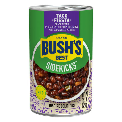 Black beans in a taco-style chipotle sauce with corn & bell peppers. 6 g protein. Gluten free. Good source of fiber. Since 1908. Inspire delicious. Please refer to the code on end of can. No artificial preservatives. bushbeans.com. SmartLabel: Scan for info. Tag in all our sidekicks bushbeans.com. Please recycle. USA canned. Beans from North America. Your taco night will be the talk of the town with Bush's Sidekicks Taco Fiesta Black Beans. Slow-simmered in a rich sauce of chipotle seasoning, spices, corn and bell peppers, these flavorful black beans are a perfect taco topper or side to chicken.
