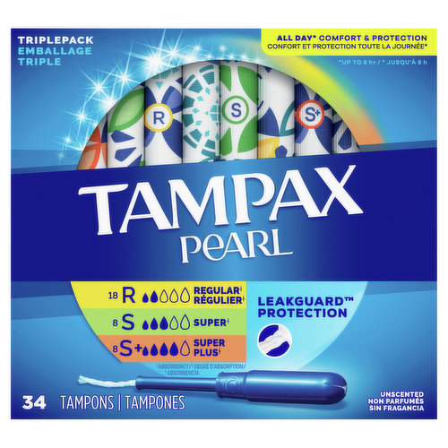 All day (Up to 8 hr) comfort & protection. 18 Regular (Absorbency); 8 Super (Absorbency); 8 Super plus (Absorbency). Leakguard protection. No. 1 U.S. gynecologist recommended tampon brand (based on a 2020 survey). Free of perfume. Free of elemental chlorine bleaching. Tampon free of dyes. Clinically tested gentle to skin. Our best Pearl protection ever. Absorbency: Light less than 6 g; Regular 6-9 g; Super 9-12 g; Super Plus 12-15 g; Ultra 15-18 g. Switch between absorbencies throughout your cycle. For better comfort and protection every day. Everyday comfort for up to 8 hrs of out of sight, out of mind protection. Formfit Expansion: Expands gently to fit your body shape. Smooth Removal Layer: For amazing comfort even on light days. Leakguard Braid Protection: helps stop leaks before they happen. Tampax Guarantee: 1-800-398-3766. Satisfaction guaranteed, or your money back. If not satisfied with this performance of Tampax, send original receipt and UPC within 60 days of purchase for a refund via a prepaid card in the amount of your purchase. Limited to one redemption per name, address or household; no organizations. Call 1-800-398-3765 for more information. tampax.com. www.pg.com. how2recycle.info. Scan me Tampax. Questions? 1-800-523-0014. Learn more about your product and its ingredients tampax.com. Made in USA.