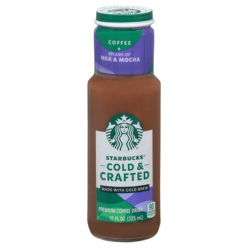 Premium coffee drink. 90 calories per bottle. Super-smooth Starbucks coffee. Just-right mocha flavor. Plus a splash of milk. Ready for you to enjoy. Comments or questions? Call 1-800-211-8307. Please recycle.