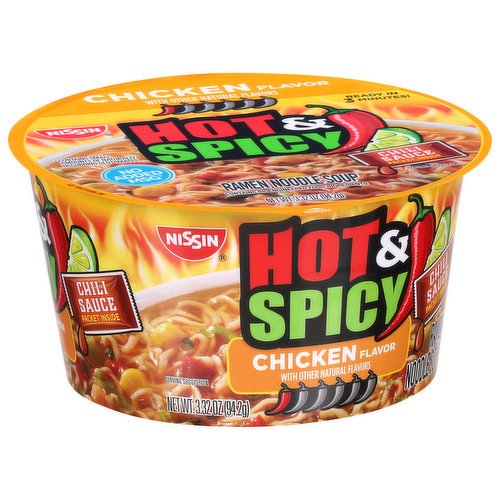 Nissin Bowl Noodles Soup, Hot & Spicy Chicken - 3.32 oz bowl