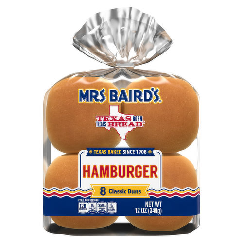 Texas baked since 1908  Backyard barbecues. Tailgates. Mrs Baird's buns. They're what Texas traditions are made of. Since 1908, Mrs Baird's bread has stood for quality and softness. And our buns let you continue the tradition Ninnie Baird started whenever and wherever you serve hamburgers or hot dogs. It's not just a family tradition - it's a Texas tradition.  For information about food and health, go to ChooseMyPlate.gov The MyPlate icon and web address are adapted from USDA. USDA does not endorse any products, services, or organizations. ChooseMyPlace.gov.