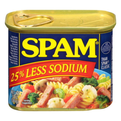 Sodium content has been lowered from 790 mg to 580 mg per serving. Gluten free. 25% less sodium than Spam classic. Sizzle pork and mmm. US inspected and passed by Department of Agriculture. www.spam.com. Follow us on: Facebook. Twitter. For more fun ideas visit spam.com. Product questions, please call 1-800-523-4635. Visit us at www.spam.com. Recyclable aluminum.