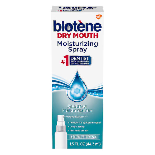 Biotene Gentle Mint Moisturizing Dry Mouth Spray is a quick, on-the-go solution that gives you instant dry mouth symptom relief. This soothing mouth moisturizer spray provides up to four hours of relief from dry mouth symptoms, including bad breath, stickiness in the mouth, dryness in the mouth and chapped lips. This alcohol-free and sugar-free oral spray has a mild mint flavor that freshens breath as it moisturizes. Packaged in a small 1.5 oz bottle, this Biotene spray is the perfect size to tuck in your purse, backpack or travel bag for an on-the-go breath freshener and mouth moisturizer. Simply spray Biotene dry mouth spray directly into the mouth, onto the tongue, and spread thoroughly inside the mouth. Adults and children 12 years and older may use this breath spray as needed. For long-lasting relief of dry mouth symptoms, choose Biotene, the #1 dry mouth brand trusted by dentists.