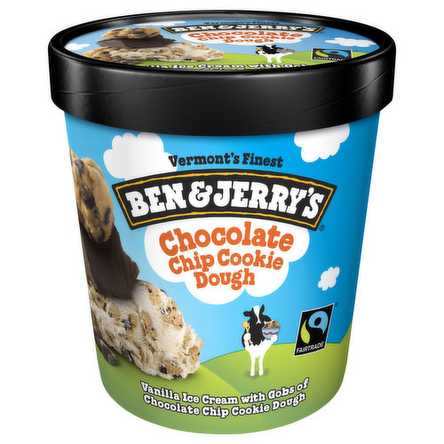 Big delicious chunks of chocolate chip cookie dough surrounded by creamy vanilla ice cream. It seems like such a no-brainer today, but in 1984 it was revolutionary. The Cookie Dough you know and love started with a simple suggestion: What if you put chunks of chocolate chip cookie dough into vanilla ice cream? That was the amazing anonymous idea submitted way back in the early days of our first Burlington, Vermont, USA, Scoop Shop. We used to have a bulletin board where people could suggest new flavors for Jerry and Ben to make—and this idea stood out. The folks at the Scoop Shop immediately went to work mixing up a batch of Cookie Dough. It was an instant hit. Initially, the flavor was only available at the Scoop Shop. When we decided to sell it in tubs, we had to figure out how to get that familiar cookie-dough taste, consistency and texture at ice cream temperatures. We teamed up with Rhino Foods and, over an incredible six-year journey, we perfected the cookie dough found in our tubs today. In 1991, Cookie Dough began appearing in freezer aisles everywhere. It has remained one of our most popular and beloved flavors ever since! Ben & Jerry's ice cream is made with non-GMO sourced ingredients, cage-free eggs, and we get our cocoa, sugar and vanilla from Fairtrade certified producers. We also use responsibly sourced packaging. So dig in!