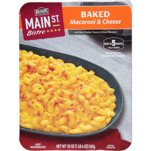 Make dinner memorable with the made-from-scratch taste of Main St Bistro Baked Macaroni & Cheese.  This delicious fully baked side dish is ready in minutes so it pairs quickly and easily with your favorite entree.  A rich and savory baked macaroni and cheese casserole topped with golden-brown cheddar cheese made with trusted ingredients including real cheddar cheese, and tender elbow macaroni.  Heat in the microwave or oven and get that great baked taste without all of the preparation.